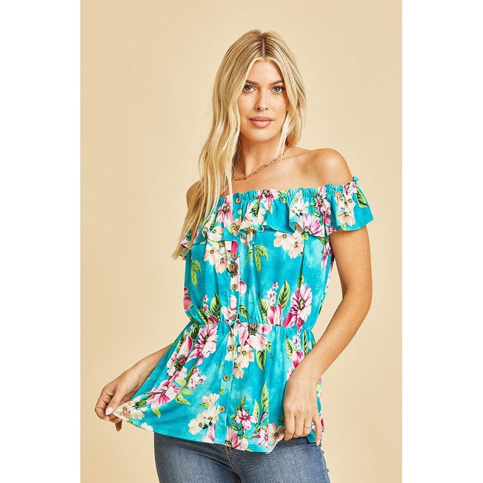 Off Shoulder Short Sleeve Top with Ruffles in Teal/Magenta