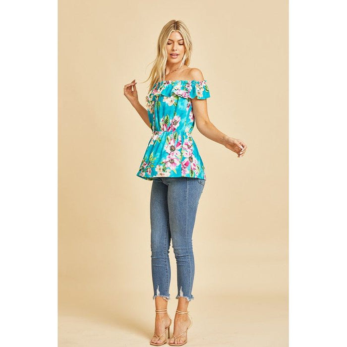 Off Shoulder Short Sleeve Top with Ruffles in Teal/Magenta