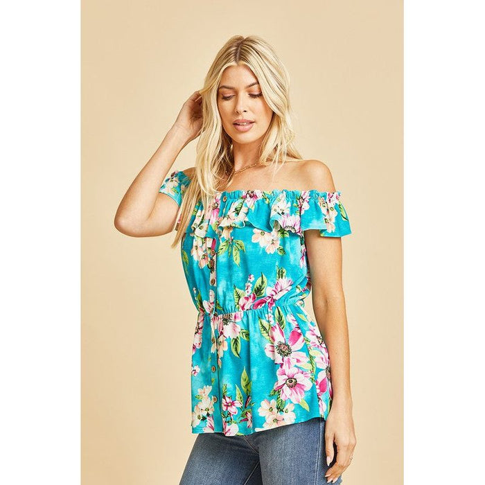 Off Shoulder Short Sleeve Top with Ruffles in Teal/Magenta