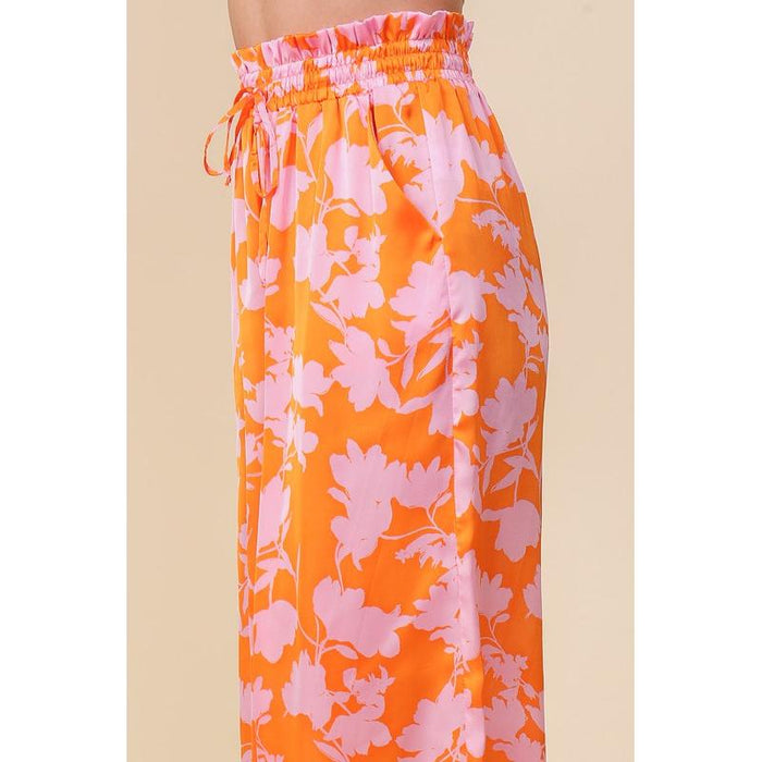 Tropical Print Wide Pants With Self Tie Drawstring