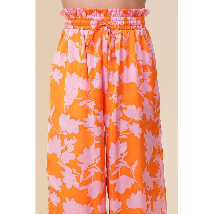 Tropical Print Wide Pants With Self Tie Drawstring