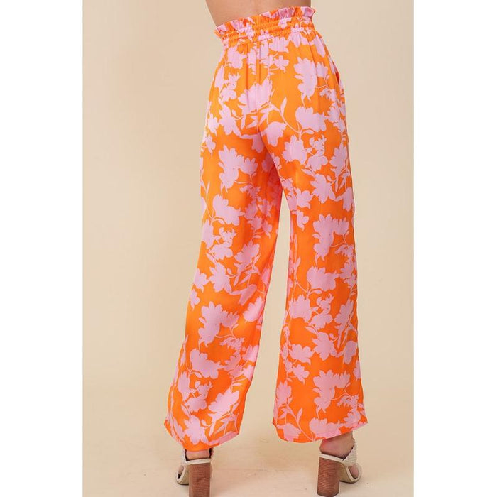 Tropical Print Wide Pants With Self Tie Drawstring