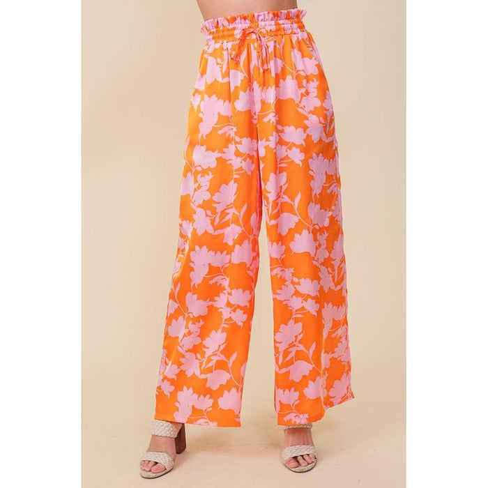 Tropical Print Wide Pants With Self Tie Drawstring