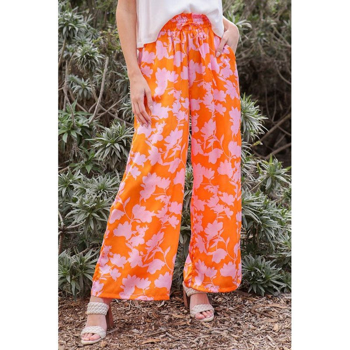 Tropical Print Wide Pants With Self Tie Drawstring