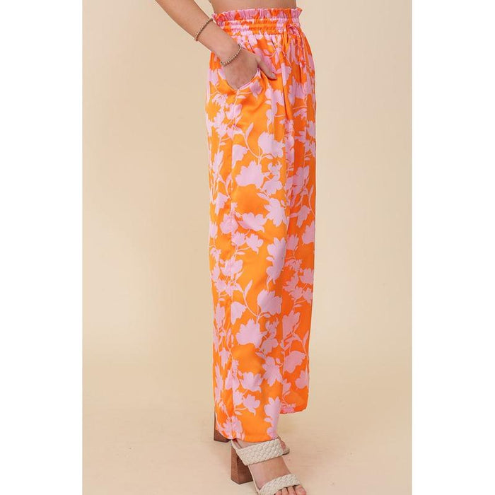 Tropical Print Wide Pants With Self Tie Drawstring