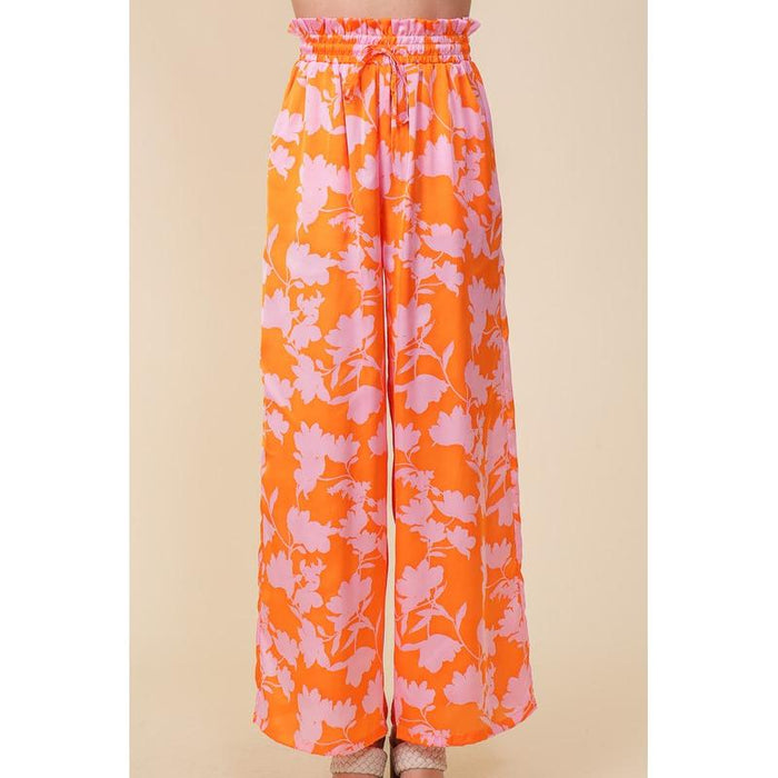 Tropical Print Wide Pants With Self Tie Drawstring