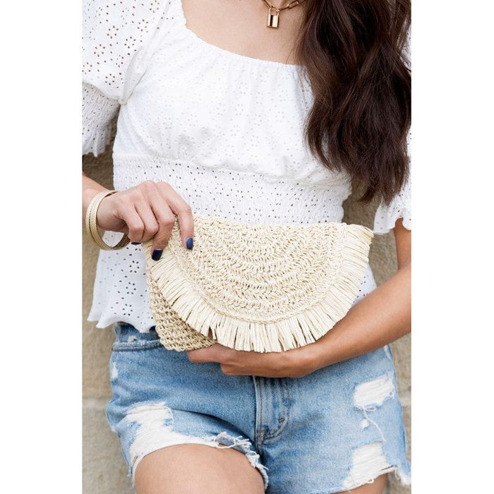 Frayed Fold-over Straw Clutch