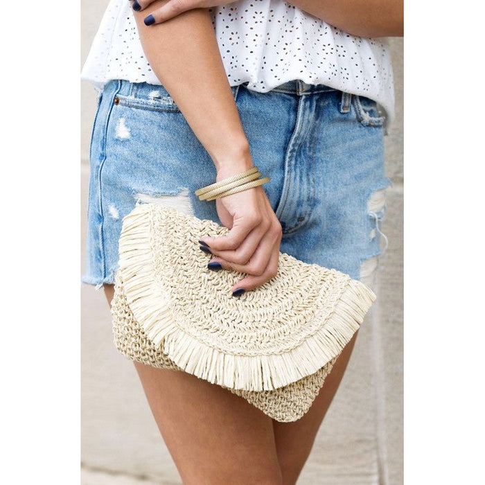 Frayed Fold-over Straw Clutch