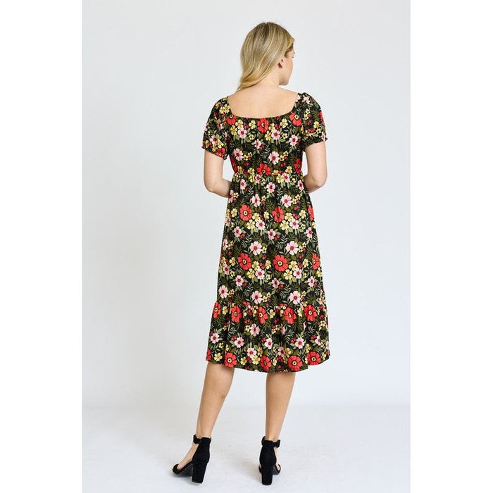 Floral Square Neck Puff Sleeve Boho Dress