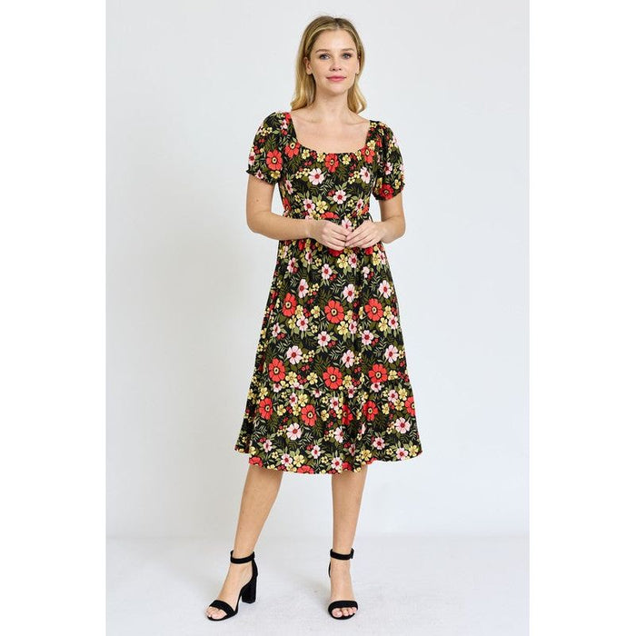 Floral Square Neck Puff Sleeve Boho Dress