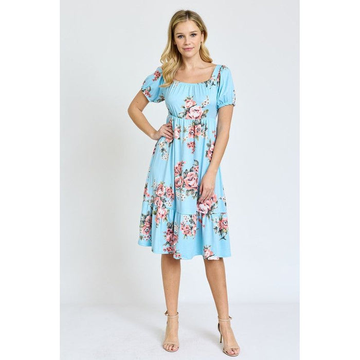 Floral Square Neck Puff Sleeve Boho Dress