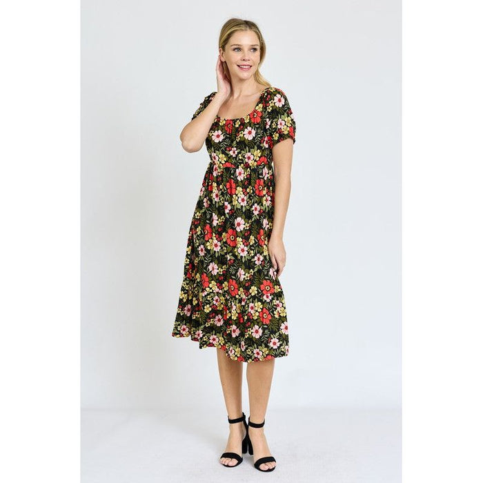 Floral Square Neck Puff Sleeve Boho Dress