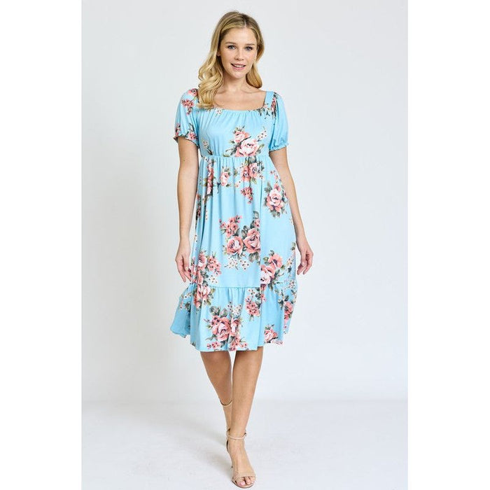 Floral Square Neck Puff Sleeve Boho Dress