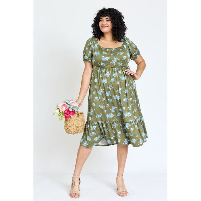 Plus Floral Square Neck Puff Sleeve Boho Dress | Made in the USA