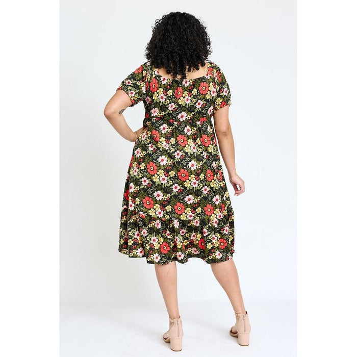 Plus Floral Square Neck Puff Sleeve Boho Dress | Made in the USA