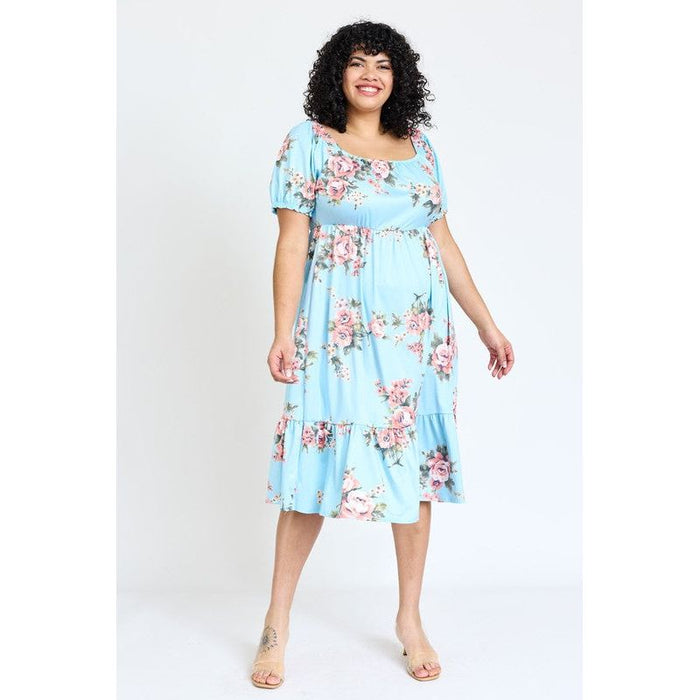 Plus Floral Square Neck Puff Sleeve Boho Dress | Made in the USA