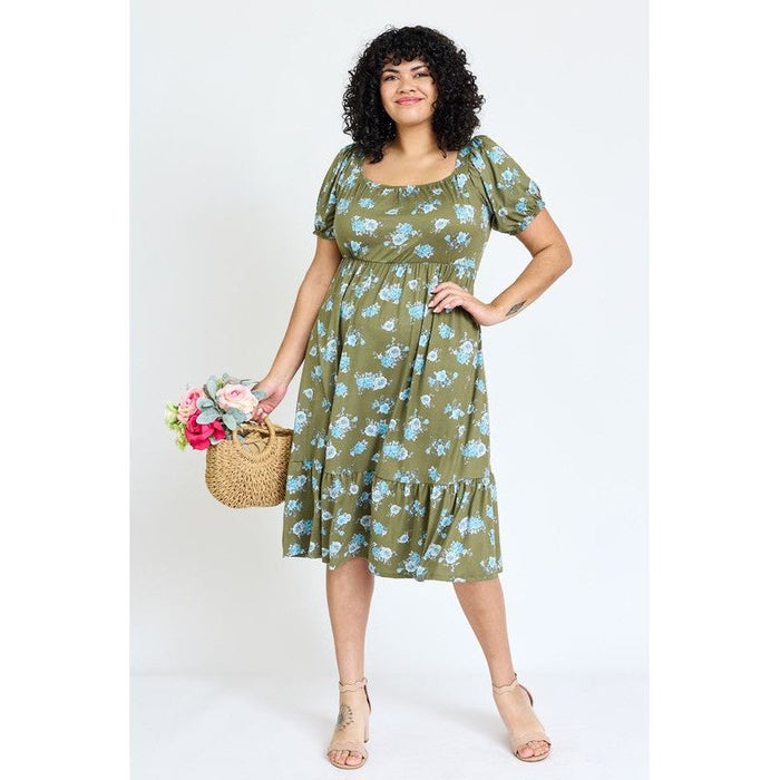 Plus Floral Square Neck Puff Sleeve Boho Dress | Made in the USA