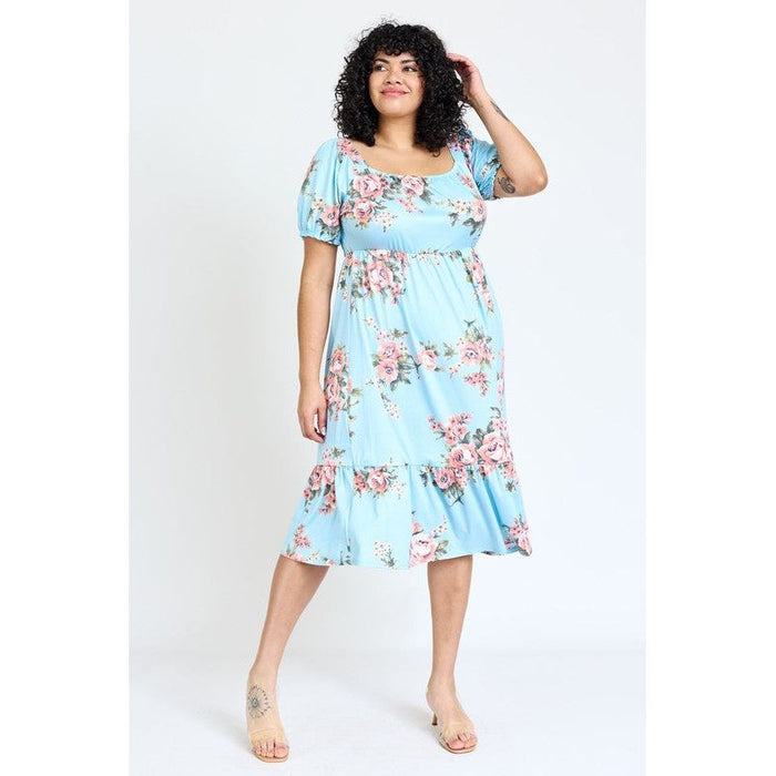 Plus Floral Square Neck Puff Sleeve Boho Dress | Made in the USA