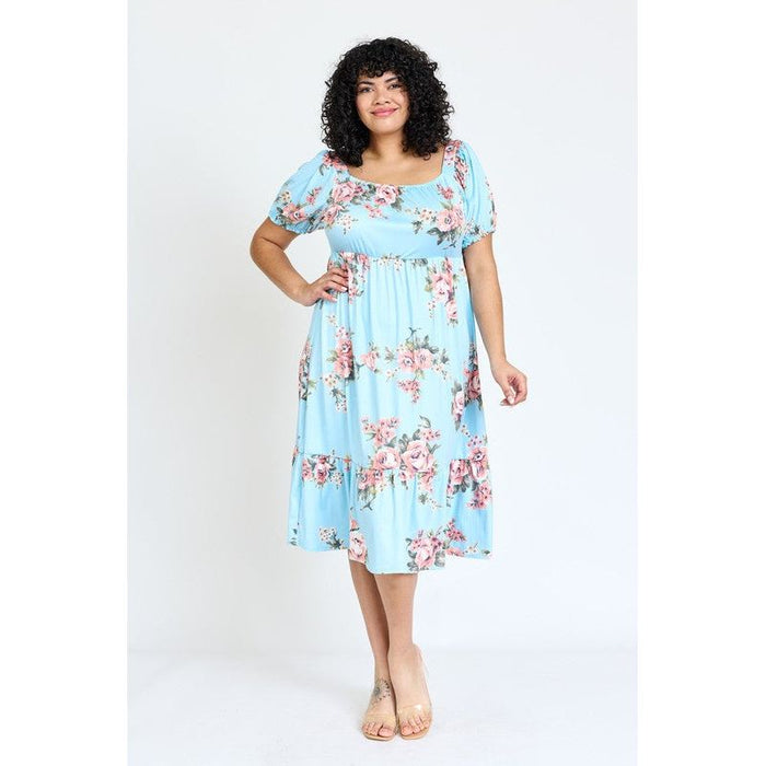 Plus Floral Square Neck Puff Sleeve Boho Dress | Made in the USA