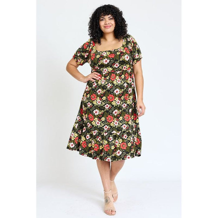 Plus Floral Square Neck Puff Sleeve Boho Dress | Made in the USA