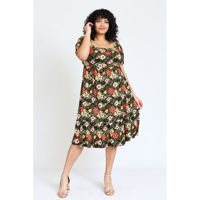 Plus Floral Square Neck Puff Sleeve Boho Dress | Made in the USA