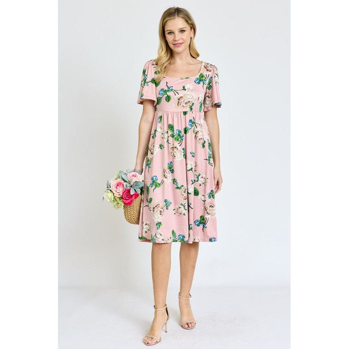 Kimono Sleeve Floral Tea Length Dress