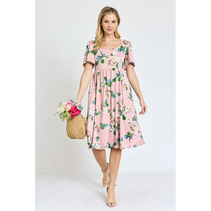 Kimono Sleeve Floral Tea Length Dress