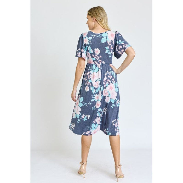 Kimono Sleeve Floral Tea Length Dress