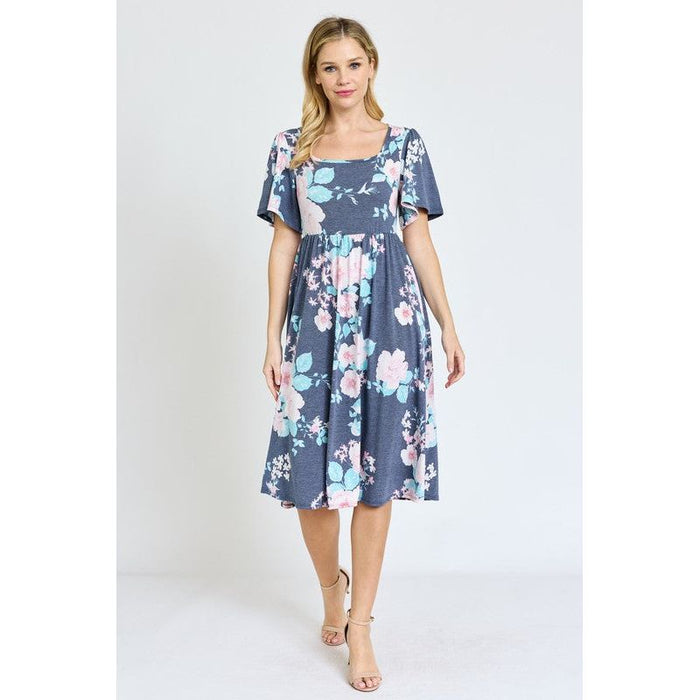 Kimono Sleeve Floral Tea Length Dress