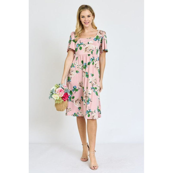 Kimono Sleeve Floral Tea Length Dress