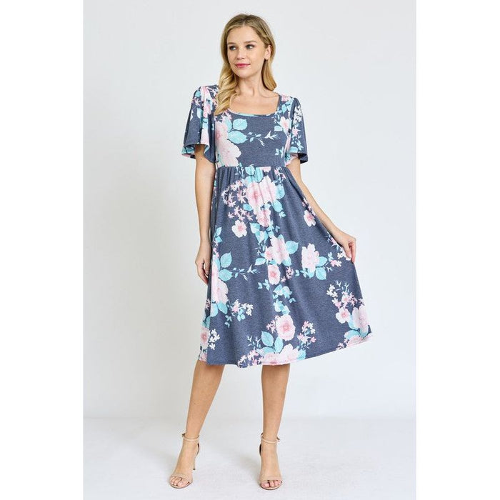 Kimono Sleeve Floral Tea Length Dress