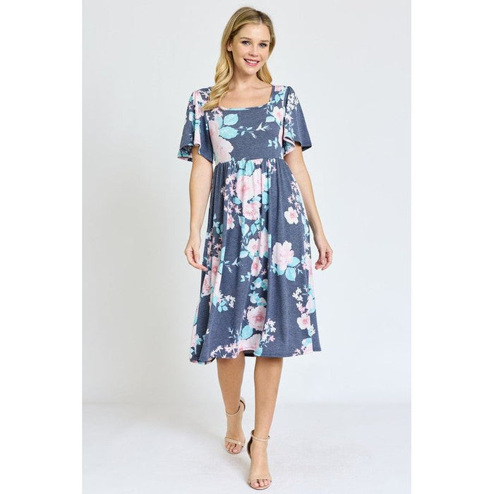 Kimono Sleeve Floral Tea Length Dress