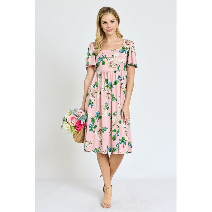 Kimono Sleeve Floral Tea Length Dress