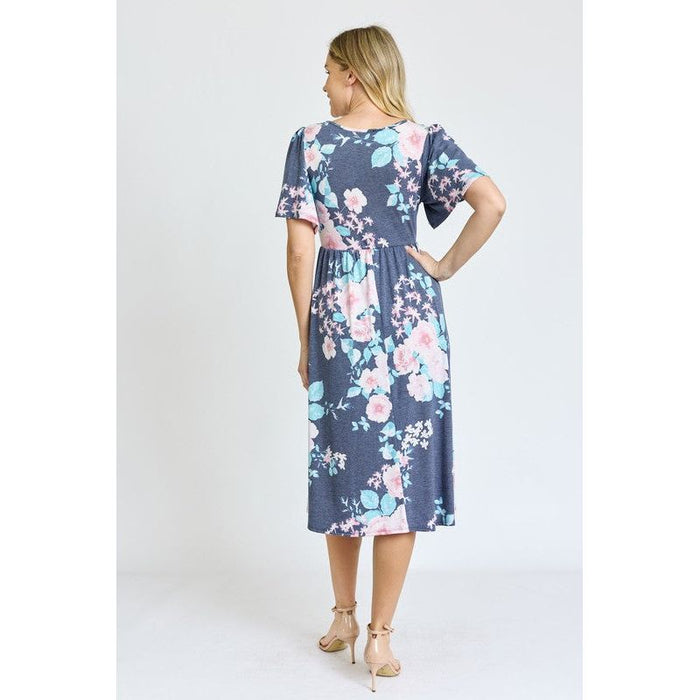 Kimono Sleeve Floral Tea Length Dress