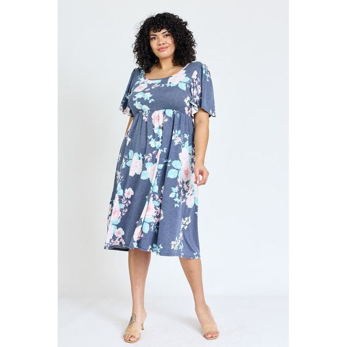 Plus Kimono Sleeve Floral Tea Length Dress