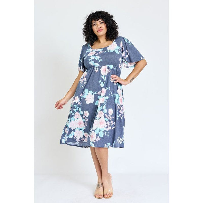 Plus Kimono Sleeve Floral Tea Length Dress