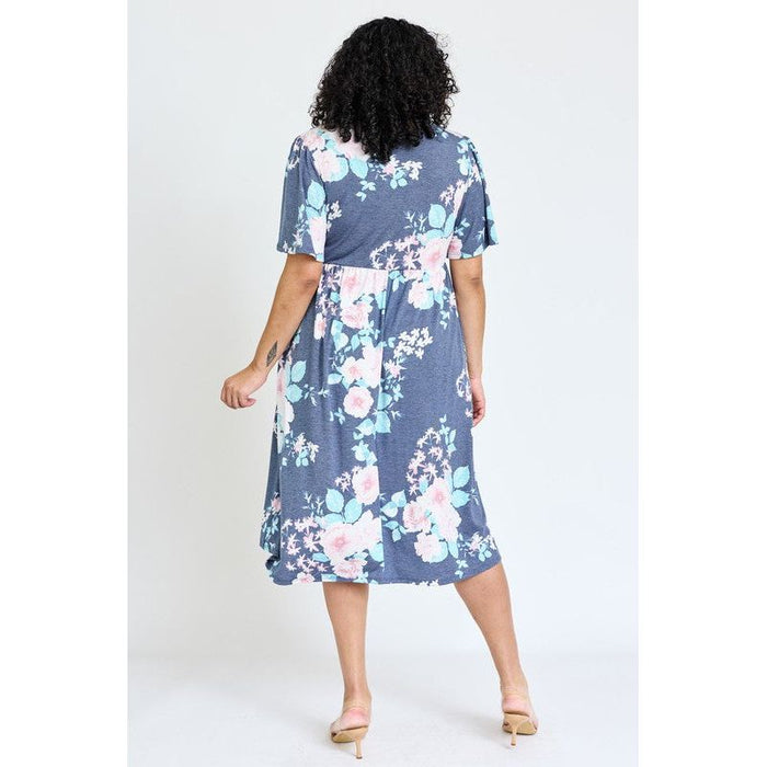 Plus Kimono Sleeve Floral Tea Length Dress