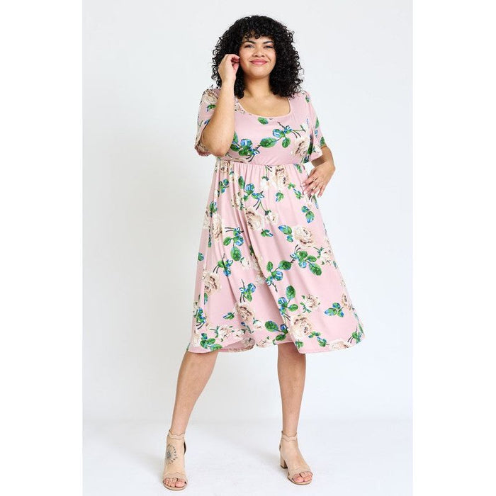 Plus Kimono Sleeve Floral Tea Length Dress