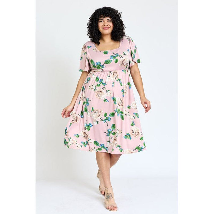 Plus Kimono Sleeve Floral Tea Length Dress