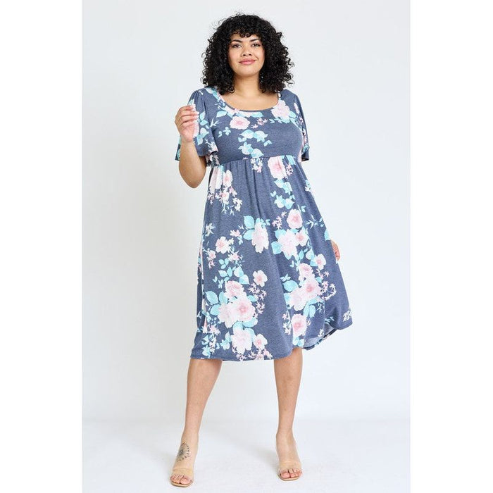 Plus Kimono Sleeve Floral Tea Length Dress