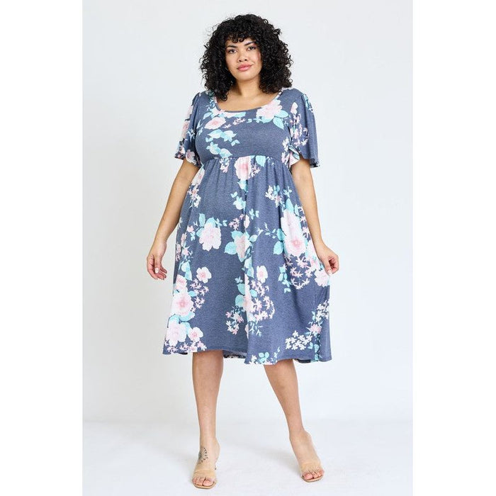 Plus Kimono Sleeve Floral Tea Length Dress