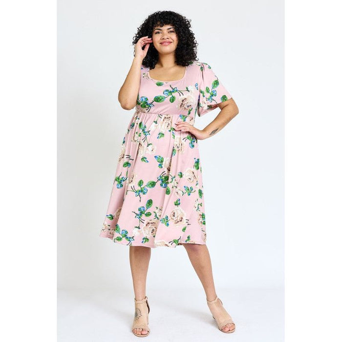 Plus Kimono Sleeve Floral Tea Length Dress