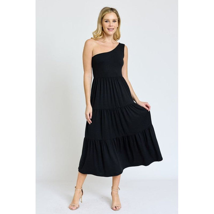 One Shoulder Ruffle Midi Dress