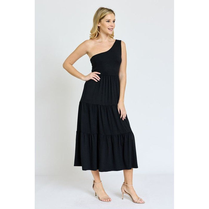 One Shoulder Ruffle Midi Dress