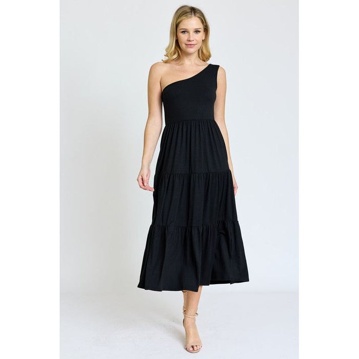 One Shoulder Ruffle Midi Dress