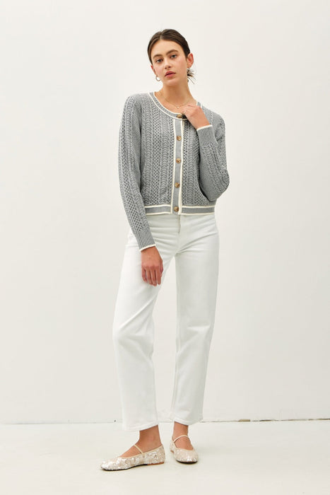 Cable Knit Long Sleeve Contrast Edge Cardigan