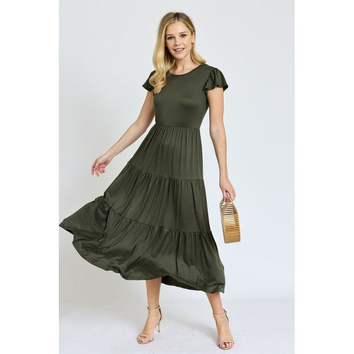 Solid Flutter Sleeve Tiered Tea Length Dress