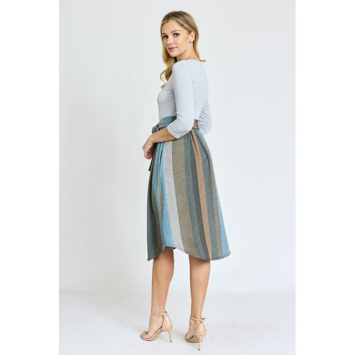 Quarter Sleeve Stripe Sash Midi Dress