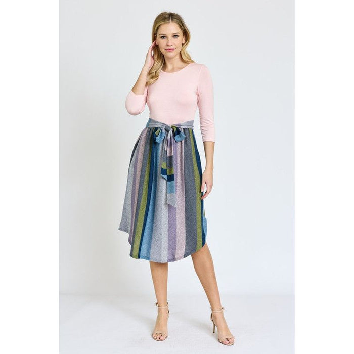 Quarter Sleeve Stripe Sash Midi Dress