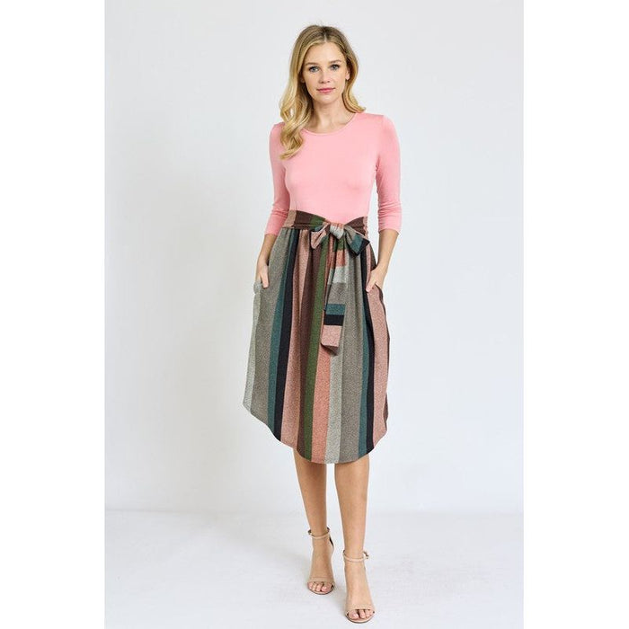 Quarter Sleeve Stripe Sash Midi Dress